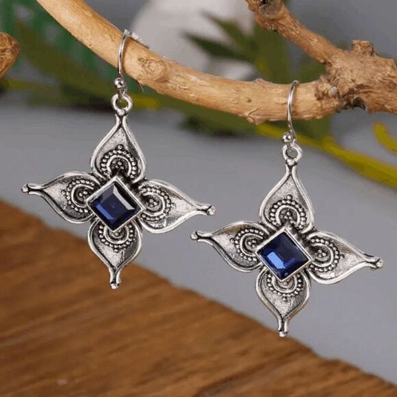 Silver Flower Sapphire Dangle Earrings - Picture 3 of 4